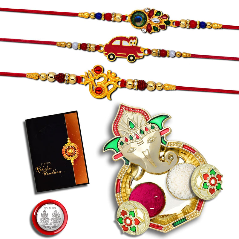 Rakhi Combo (K3_316+317+319_aa3) With Pooja Coin Shri Ganesh Pooja Thali  Tilak Set  Greeting Card Rakhi With Plate Rakhi Thali Set Rakhi For Brother Kids Fancy Rakhi For Brother Rakhi For Little Brother Rakhi For Brother And Bhabhi Rakhi