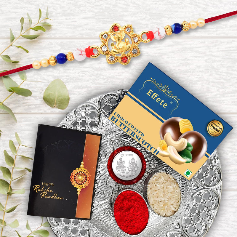 (K1_14_ds+bs32) Rakhi Combo With Chocolate Butter Scotch 32gm  Silver Pooja Thali Pooja Coin  Greeting Card Rakhi Gift Set  Rakhi Thali  Rakhi For Brother Kids  Rakhi With Plate  Rakhi Hamper For Brother  Rakhi For Brother With Choc
