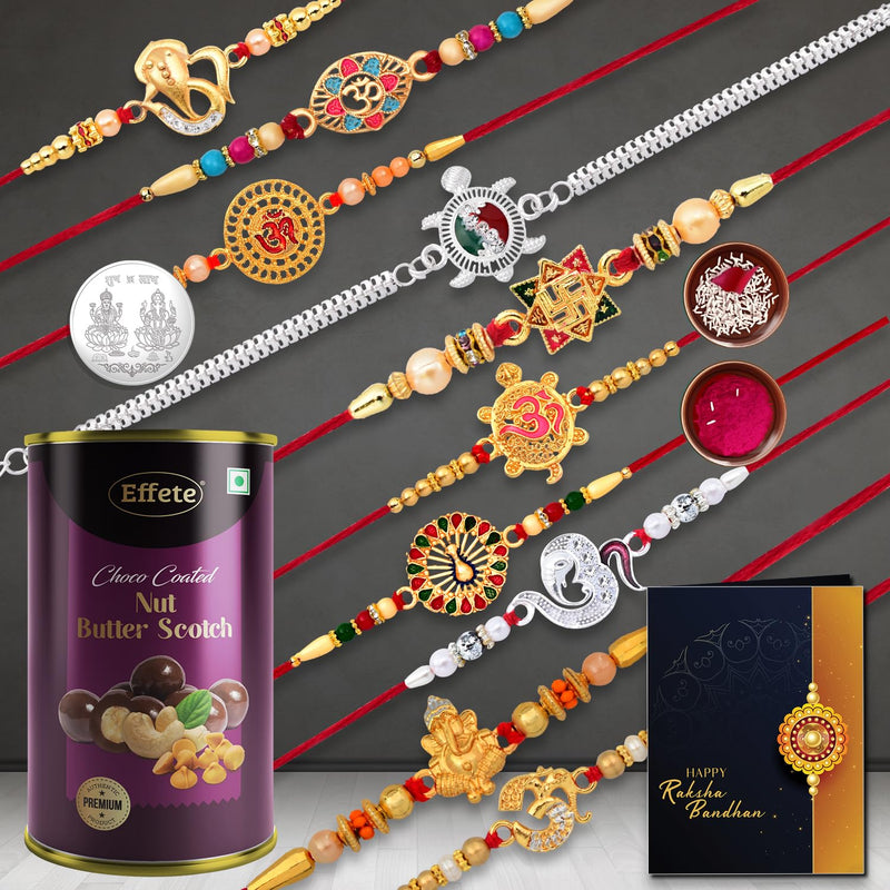 (K10_mc31_bs) Rakhi Combo With Chocolate Butter Scotch 96gm Pooja Coin  Greeting Card Rakhi Gift Hamper Rakhi For Brother With Gift Chocolate Gift Pack Rakhi With Chocolate Gift Hemper Fancy Rakhis For Men Rakhi Set Of 10