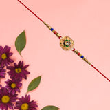 Traditional Kundan Rakhi With Antique Gold Finish  Multicolor Beads
