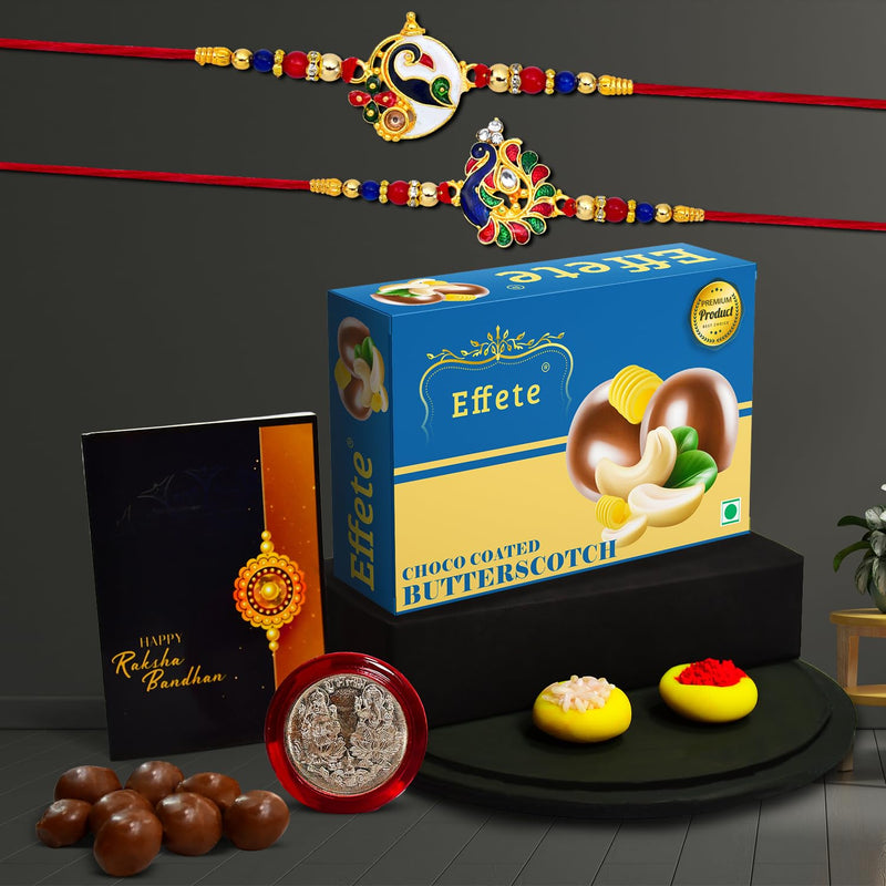 (K2_293+298_bs32) Rakhi Combo With Chocolate Butter Scotch 32gm Stylish Rakhi For Brother Rakhi  Chocolate For Brother Rakhi Brother Rakhi With Gift Handmade Rakhi Set Of 2 Rakhi