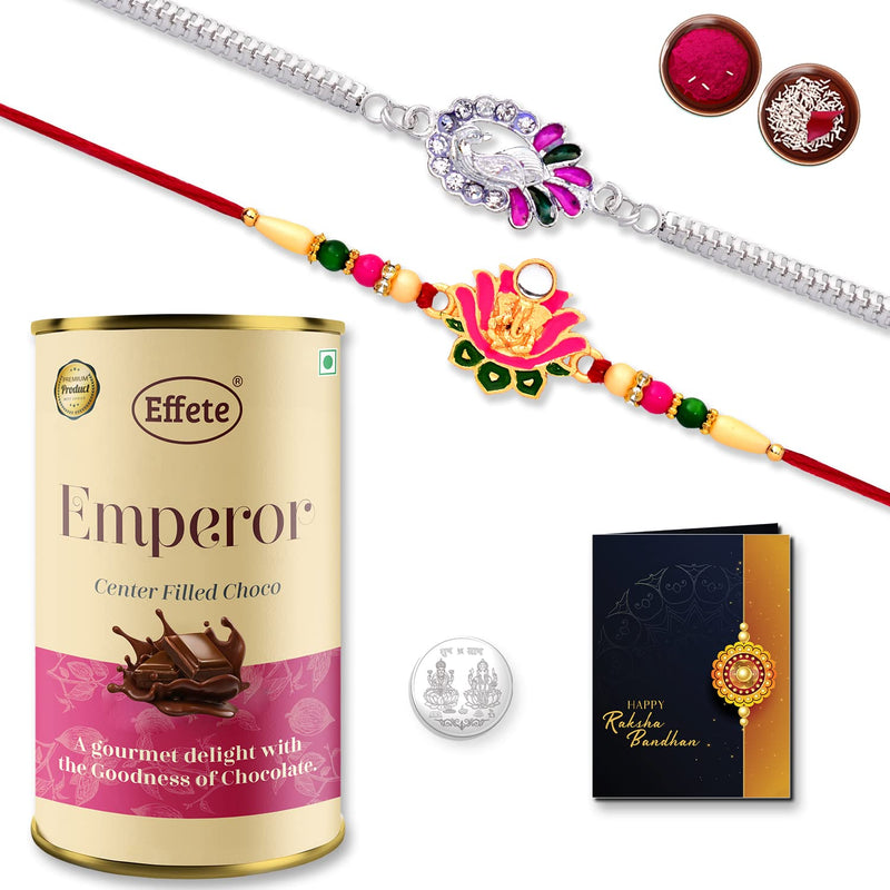 Multicolor Peacock Silver  Ganpati In Lotus Colorful Rakhis  Bracelet  Chocolate Emperor (Crm) With Silver Color Pooja Coin Roli Chawal  Greeting Card Occasion Rakhi Combo With Card And Chocolate Chocolates Gift Pack Rakhi  Chocol