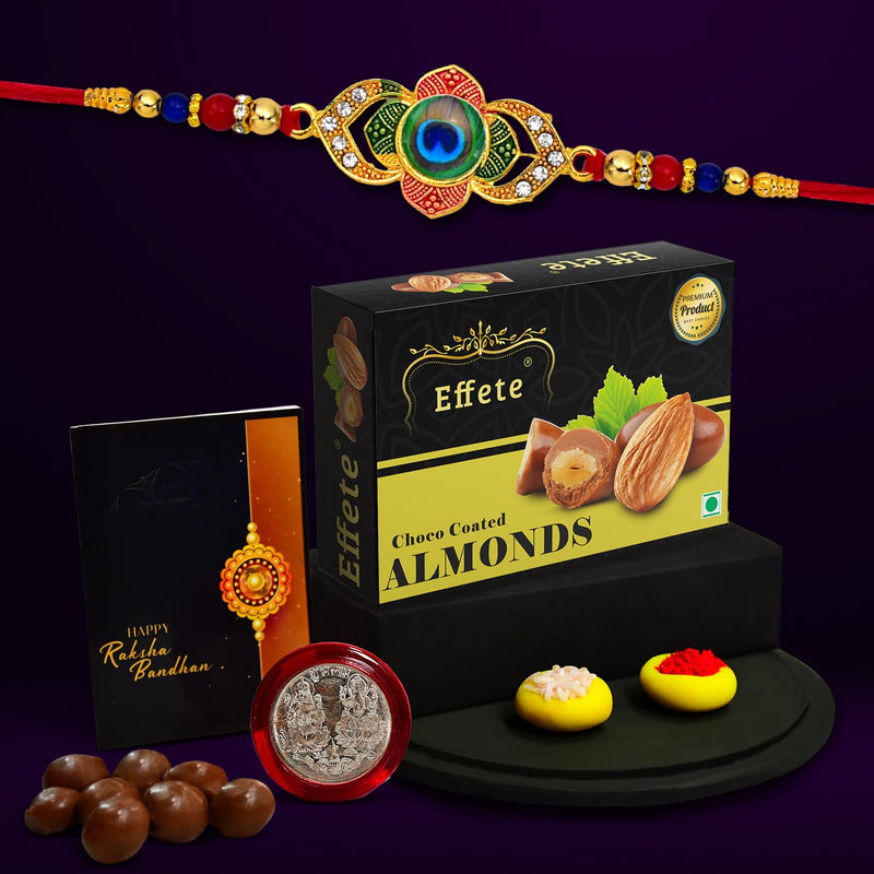 Rakhi For Brother Set Of 1 With Chocolate Almonds 32gm Pooja Coin With Greating Card Rakhi For Kids Brother And Bhabhi Rakhi With Chocolate Sweets Rakhi Gift Rakhi Combo (K1_549_ca32)