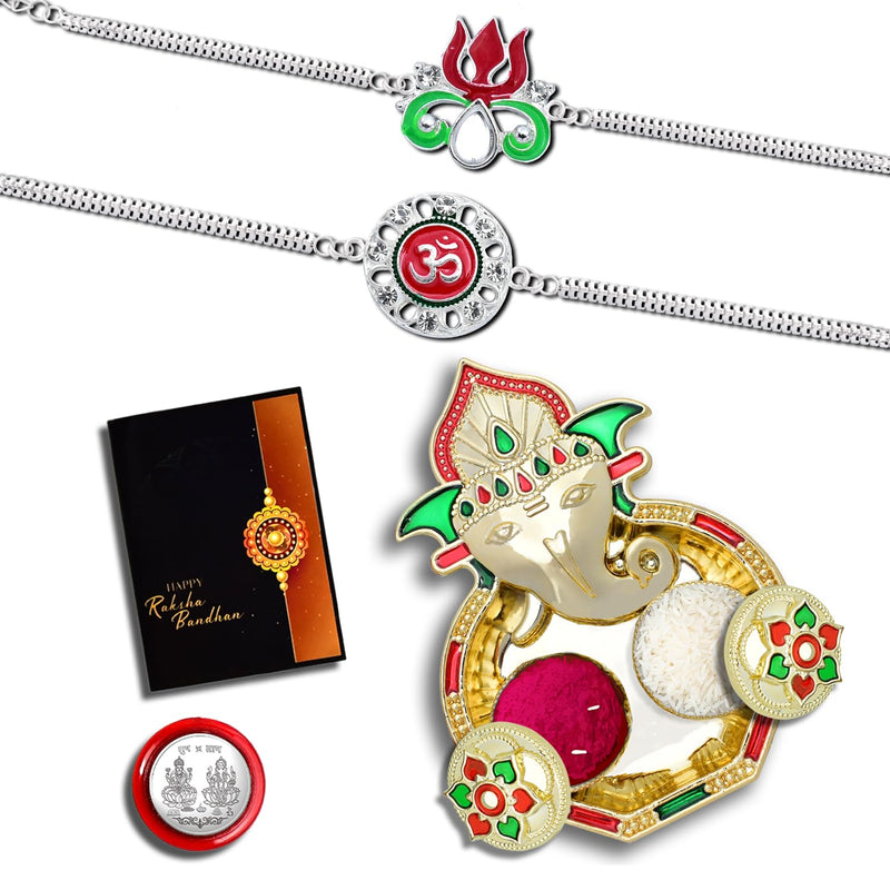 Rakhi Combo (K2_c7+c8_aa3) With Pooja Coin Shri Ganesh Pooja Thali  Tilak Set  Greeting Card Rakhi With Plate Rakhi Thali Set Rakhi For Brother Kids Fancy Rakhi For Brother Rakhi For Little Brother Rakhi For Brother And Bhabhi Rakhi Set O