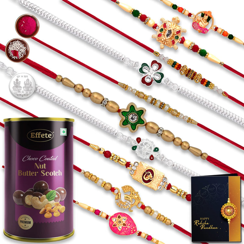 Rakhi Combo Gift For Brother With Chocolate Butterscotch  Best Rakhi Collection  New Rakhi  Rakhi Gift Pack For Sister  Rakhi Set Of 10 With Greeting Cardroli-chavalcoin(K10_mc11_bs)