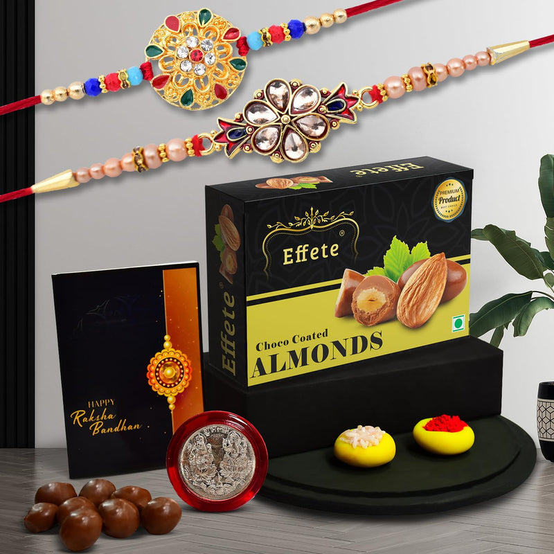 (K2_429+430_ca32) Rakhi With Chocolate Almonds 32gm Rakhi For Brother With Gift  Handmade Rakhi Rakhi Combo For Brother  Stylish Rakhi For Brother  Set Of 2 Rakhi