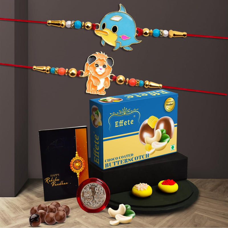 Multicolor Rakhi (K2_105+106_bs32)  Chocolate Butter Scotch 32gm Silver Color Pooja Coin Roli Chawal  Greeting Card Occasion Rakhi Combo Card And Chocolate Set Of 2 Rakhi