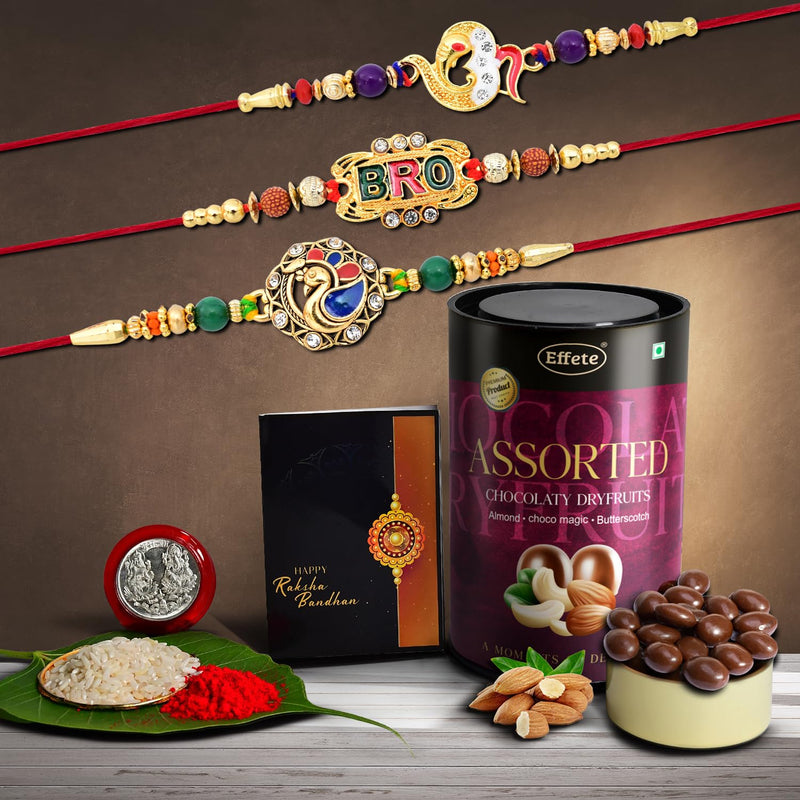 (K3_407+408+411_as) Rakhi Combo With Assorted Chocolate Dryfruits 96gm Rakhi  Chocolate For Brother Rakhi With Chocolate Rakhi With Gift Rakhi Combo Set Of 3 Rakhi Chocolate