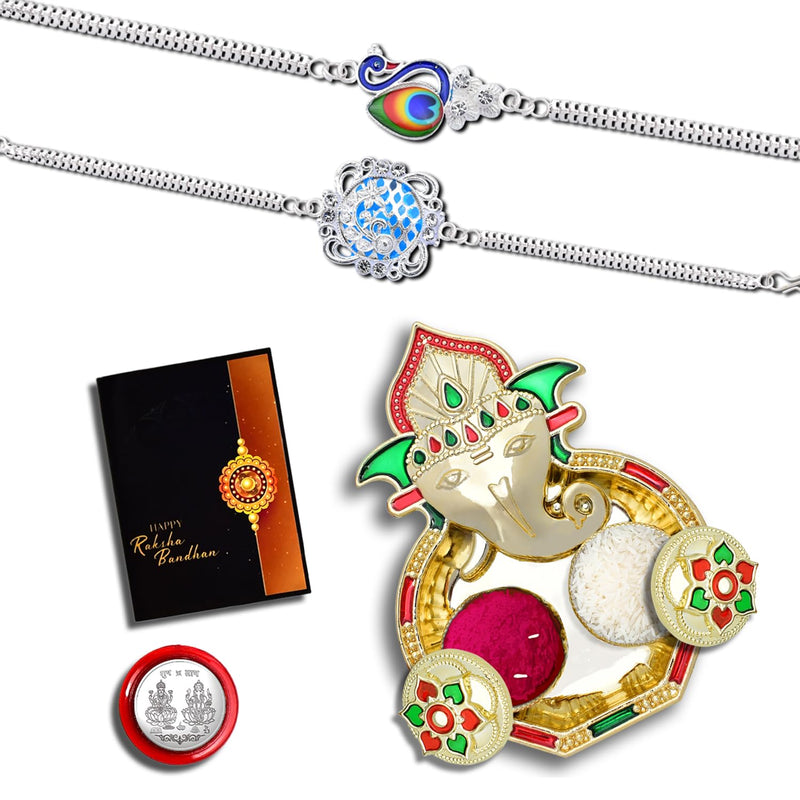 Rakhi Combo (K2_d12+d13_aa3) With Pooja Coin Shri Ganesh Pooja Thali  Tilak Set  Greeting Card Rakhi Thali Set  Rakhi With Plate  Bhaiya Bhabhi Rakhi Set  Rakhi Hamper  Handmade Rakhi  Rakhi For Brother And Bhabhi  Rakhi For Brother Kids