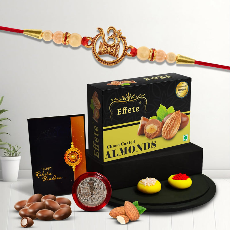 Rakhi For Brother Set Of 1 With Chocolate Almonds 32gm  Shiva Damru Rakhi  Premium Rakhis (K1_414_ca32)