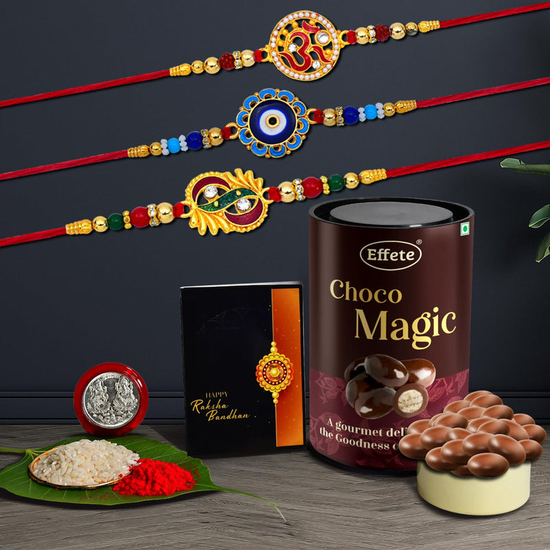 Rakhi (K3_272+273+275_em)  Chocolate Magic  Rakhi Combo With Card And Chocolate  Chocolates Gift  Rakhi  Chocolate For Brother  Rakhi With Gift  Set Of 3 Rakhi