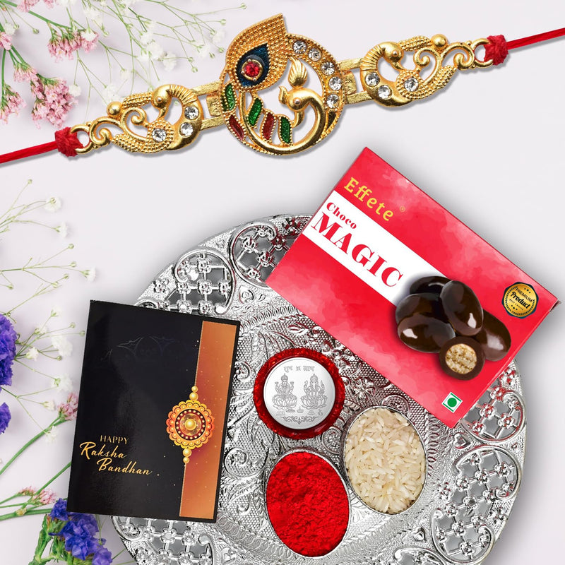 Multicolor Bracelet Rakhi (K1_535_cm32+ds)  Chocolate Almonds With Silver Color Pooja Coin Roli Chawal  Greeting Card Card And Chocolate Set Of 1 Rakhi 0.25 Kg