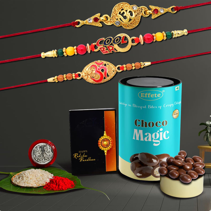 (K3_403+404+406_cm) Rakhi Combo With Chocolate Magic Rakhi For Brother With Gift Chocolate Gift Pack Rakhi With Chocolate Gift Hemper Fancy Rakhis For Men Set Of 3 Rakhi