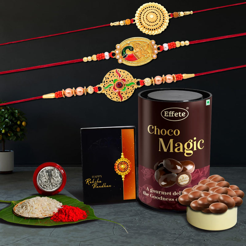 (K3_362+401+402_em) Rakhi Combo With Chocolate Magic Rakhi  Chocolate For Brother Fancy Rakhis For Men Stylish Rakhi With Gift Rakhi Combo Set Of 3 Chocolate