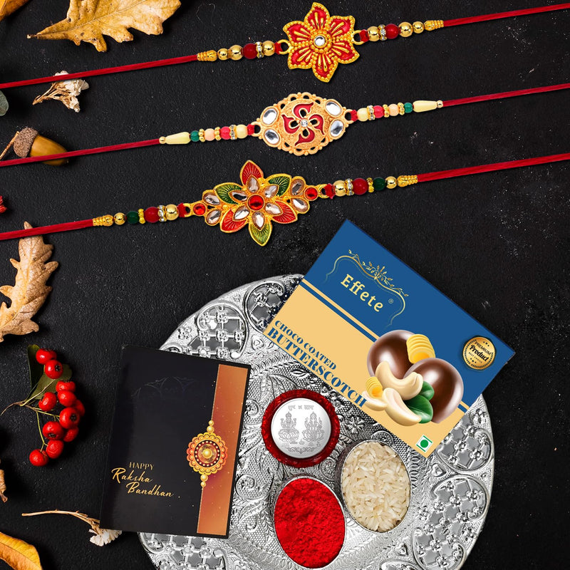 Rakhi Combo (K3_522+526+528_ds+bs32) Chocolate Butter Scotch 32gm  Silver Pooja Thali With Pooja Coin  Greeting Card Rakhi Thali Rakhi Gift Set Rakhi With Plate Rakhi Thali Set Rakhi Hamper For Brother Rakhi With Chocolate Rakhi Fo