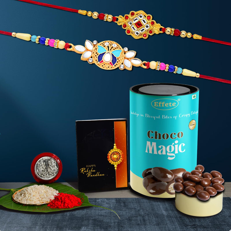 Floral Design Rakhi For Brother  Butterfly Rakhi  Set Of 2 With Chocolate Magic 96gm (K2_514+515_cm)