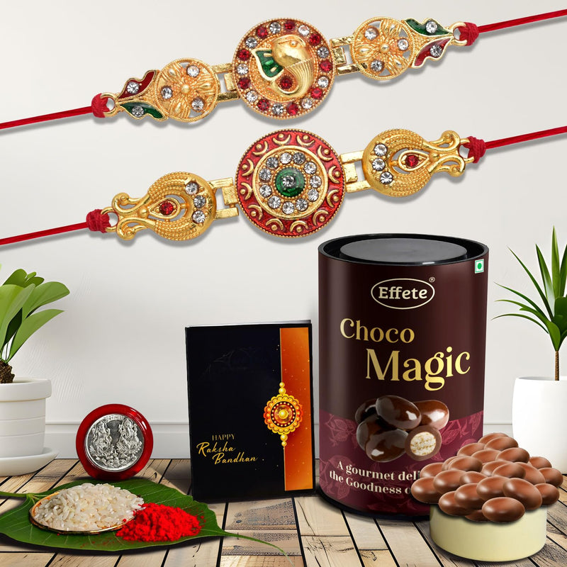 Rakhi For Brother Set Of 2 With Chocolate Magic 96gm Pooja Coin With Greating Card Rakhi With Chocolate Rakhi With Gift For Brother Rakhi For Kids Rakhi With Sweets (K2_516+517_em)