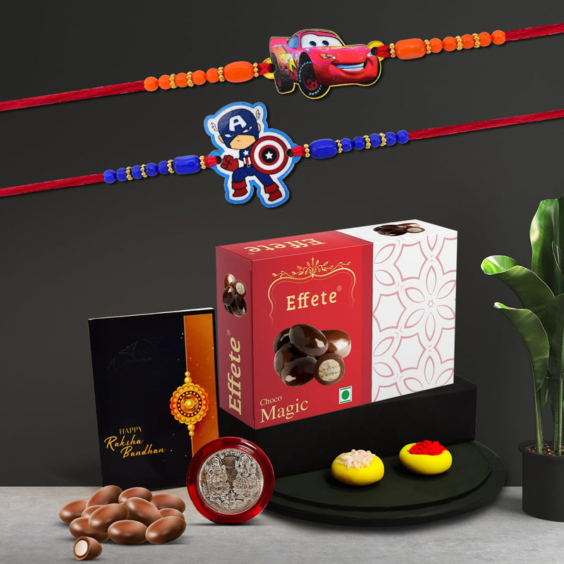(K2_870+871_em32) Rakhi Combo With Chocolate Magic 32gm Pooja Coin  Greeting Card Kids Rakhi With Gift Rakhi With Gift For Kids Rakhi For Kids Rakhi With Chocolate Rakhi For Brother Kids Rakhi For Kids Boy Rakhi Set Of 2