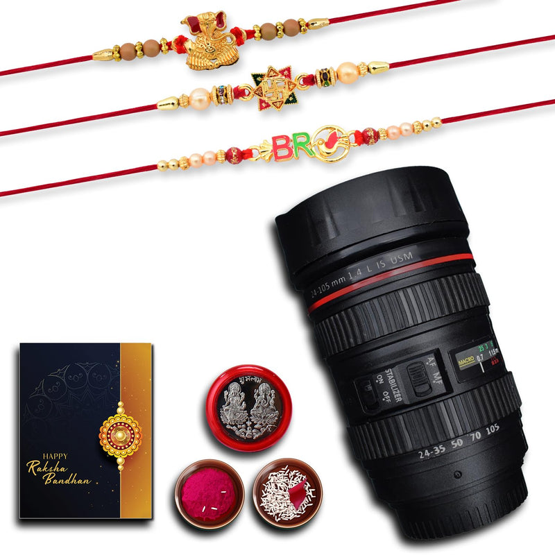 Rakhi Combo (K3_3+10+12_m720) Camera Lens Coffee Mug With Pooja Coin  Greeting Card Rakhi Mug Rakhi With Mug Rakhi For Brother With Mug Rakhi Mug Rakhi Mug For Brother Rakhi With Gift Of Mug Rakhi For Younger Brother Rakhi Set Of 3