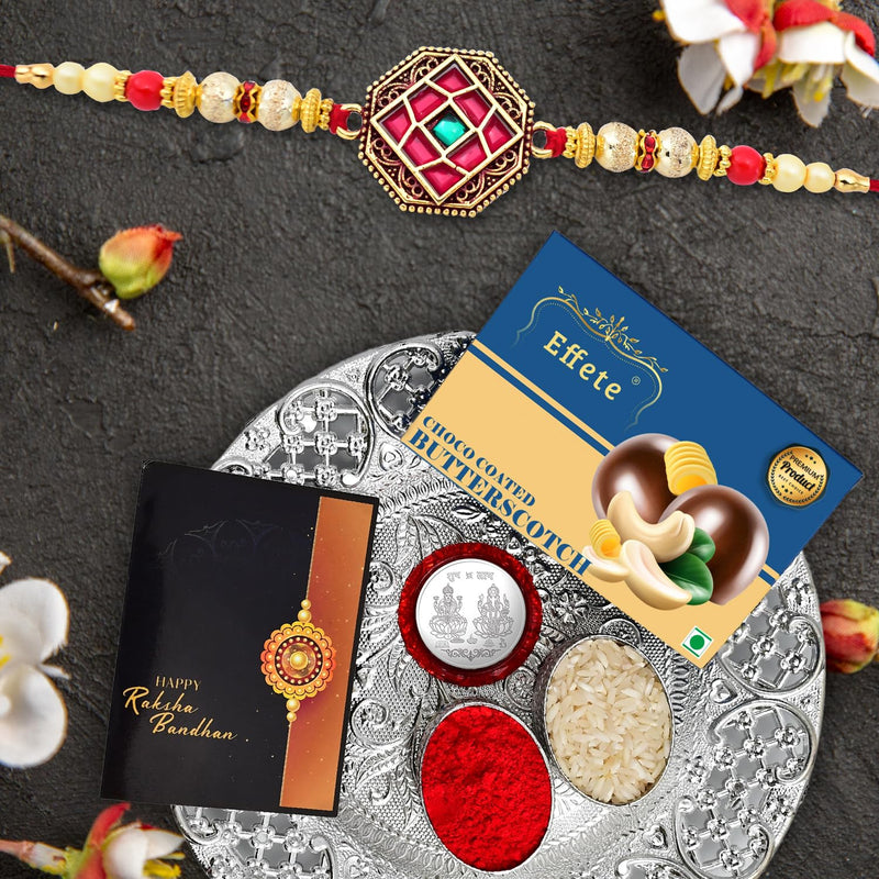 Rakhi Combo (K1_420_ds+bs32) Chocolate Butter Scotch 32gm  Silver Pooja Thali With Pooja Coin  Greeting Card Rakhi Gift Set Rakhi Thali Rakhi For Brother Kids Rakhi Thali Set Rakhi With Plate Rakhi For Brother And Bhabhi Rakhi Hampe