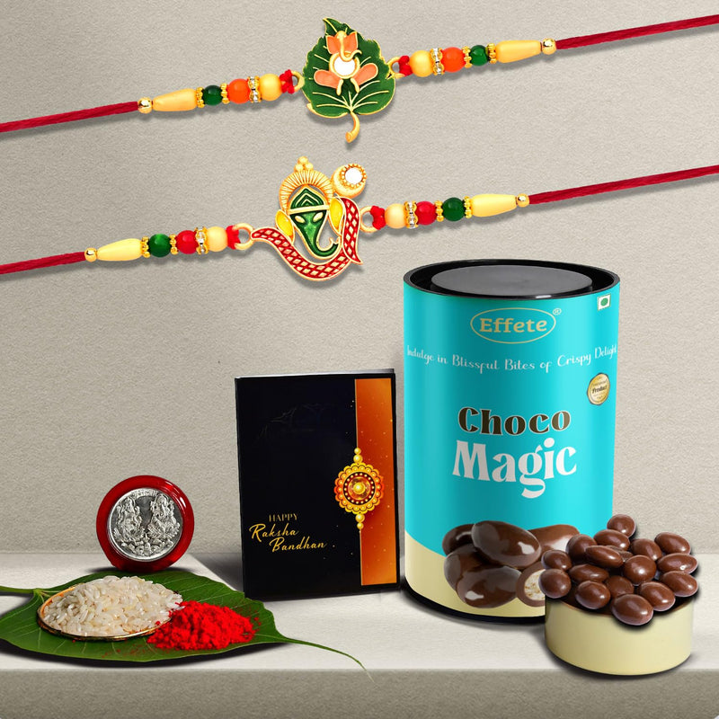 Rakhi Combo (K2_307+309_cm)  Chocolate Magic  With Pooja Coin  Greeting Card Rakhi Gift Hamper Rakhi Combo With Card And Chocolate Chocolates Gift Pack Rakhi  Chocolate For Brother Rakhi With Gift Rakhi Set Of 2