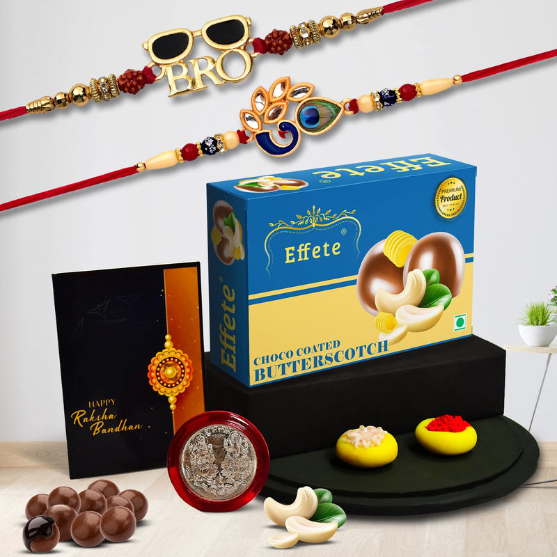 Premium Rakhi Gift Combo With Bro  Peacock Rakhis Choco Butterscotch Tilak Set Coin  Greeting Card