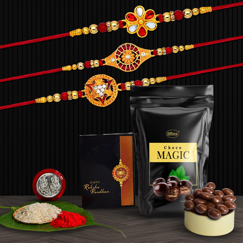 (K3_323+324+325_sm) Rakhi Combo With Choco Magic (Pouch) Rakhi For Brother With Gift Chocolate Gift Pack Rakhi With Chocolate Gift Hemper Fancy Rakhis For Men Set Of 3 Rakhi