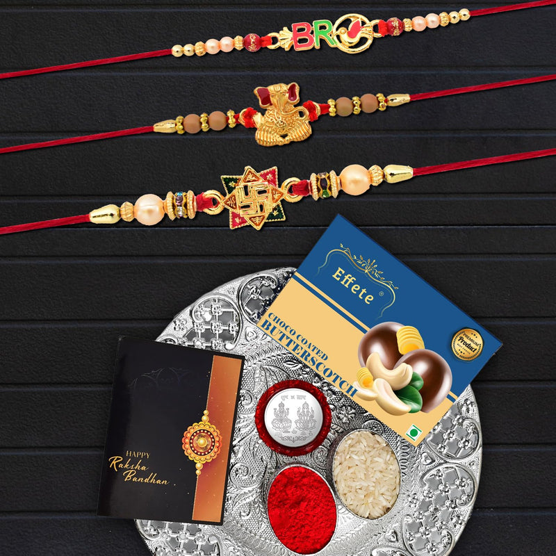 Rakhi Combo (K3_3+10+12_ds+bs32) Chocolate Butter Scotch 32gm  Silver Pooja Thali With Pooja Coin  Greeting Card Rakhi Gift Set Rakhi Thali Rakhi Thali Set Rakhi With Plate Rakhi Hamper For Brother Rakhi With Gift Rakhi For Brother