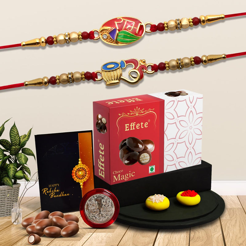 Rakhi For Brother Set Of 2 With Silver Color Pooja Coin Rakhi With Greeting Card. (K2_251+258_em32)