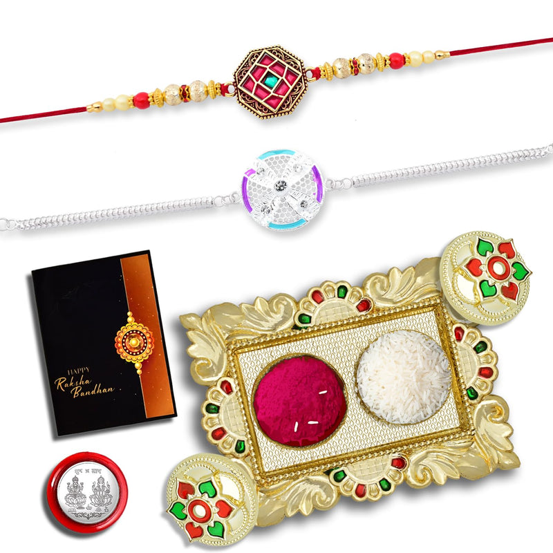 (K2_c7+420_aa1) Rakhi With Pooja Coin Gold Color Pooja Thali  Tilak Set  Greeting Card Rakhi Thali Rakhi For Brother Kids Bhaiya Bhabhi Rakhi Rakhi Set Of 2