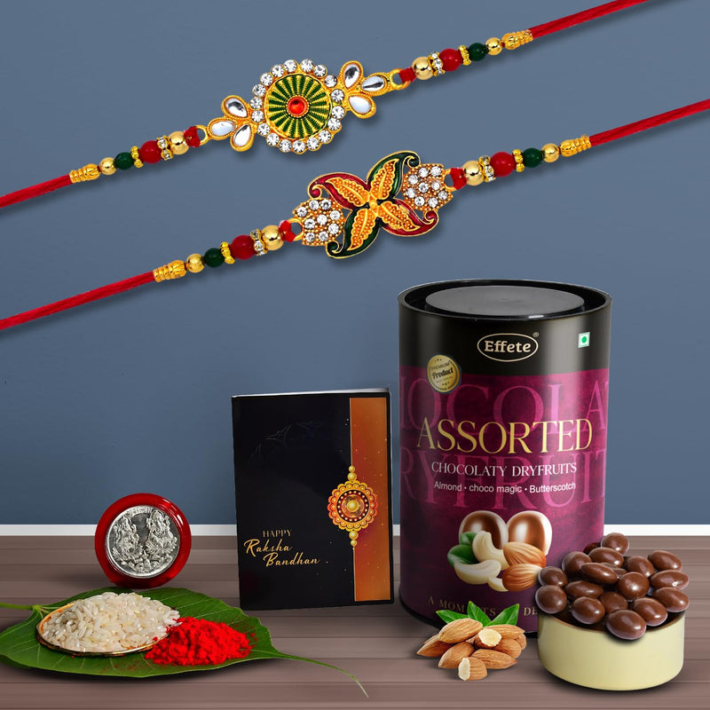 (K2_547+548_as) Rakhi Combo With Assorted Chocolate Dryfruits 96gm Rakhi For Brother With Gift  Chocolate Gift Pack Rakhi With Chocolate Gift Hemper  Fancy Rakhi For Men  Set Of 2