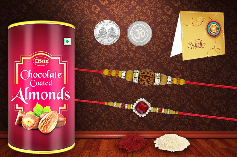 Rakshabandhan Multicolor Silver Plated Rakhi (K2_48+49_p32) 2 Rakhi Combo - 48+49 With Chocofarm Choco Peanuts 32gm Roli Chawal Pooja Coin  Greeting