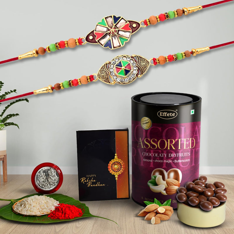 (K2_416+417_as) Rakhi Combo With Assorted Chocolate Dryfruits 96gm Rakhi For Brother With Gift  Chocolate Gift Pack Rakhi With Chocolate Gift Hemper  Fancy Rakhi For Men  Set Of 2