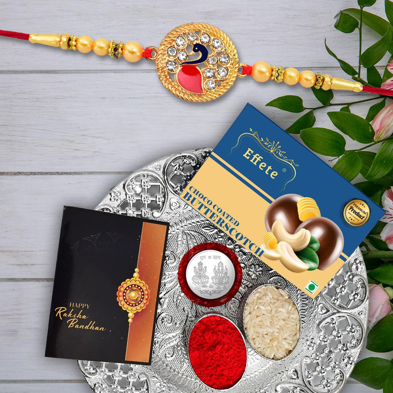 Rakhi Combo (K1_431_ds+bs32) Chocolate Butter Scotch 32gm  Silver Pooja Thali With Pooja Coin  Greeting Card Rakhi Thali Rakhi Gift Set Rakhi Hamper For Brother Rakhi With Plate Rakhi Thali Set Rakhi With Gift Rakhi For Brother Kids