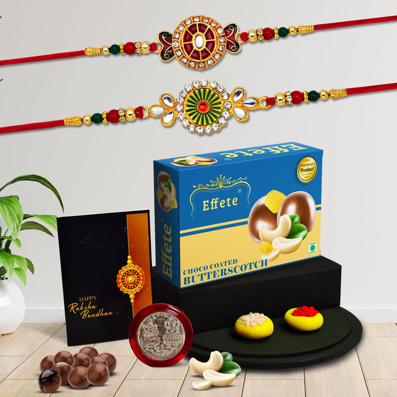 (K2_532+546_bs32) Rakhi Combo With Chocolate Butter Scotch 32gm Rakhi For Brother With Gift  Chocolate Gift Pack Rakhi With Chocolate Gift Hemper  Fancy Rakhi For Men  Set Of 2