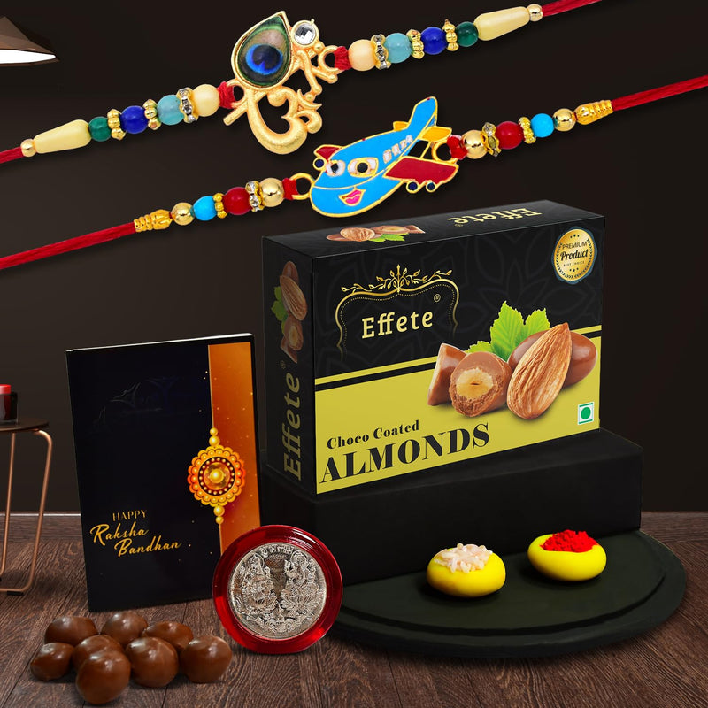 (K2_267+438_ca32) Rakhi Combo With Chocolate Almonds 32gm Rakhi  Chocolate For Brother Rakhi With Chocolate Rakhi With Gift Rakhi Combo Set Of 2 Rakhi Chocolate