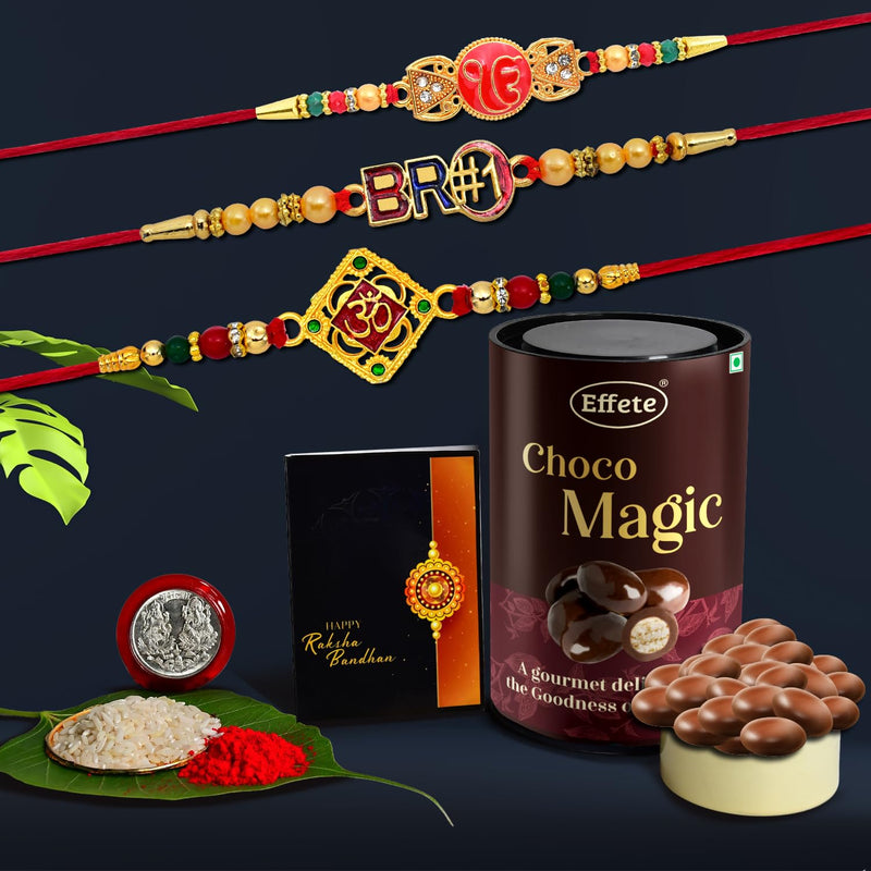 Rakhi (K3_326+360+361_em)  Chocolate Magic  Rakhi For Brother With Gift  Rakhi With Chocolate Rakhi Combo For Brother  Set Of 3 Rakhi  Chocolate