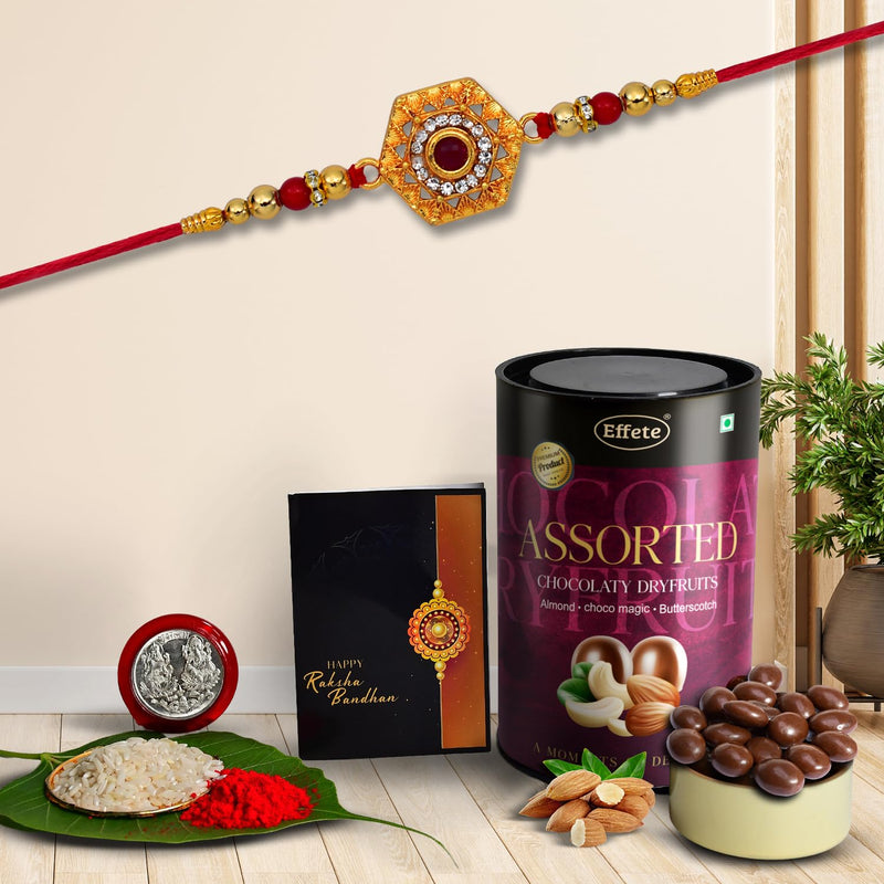 Silver Plated Unique Round Design Rakhi With Chocolate Combo-thali Roli Chawal Greeting Cards
