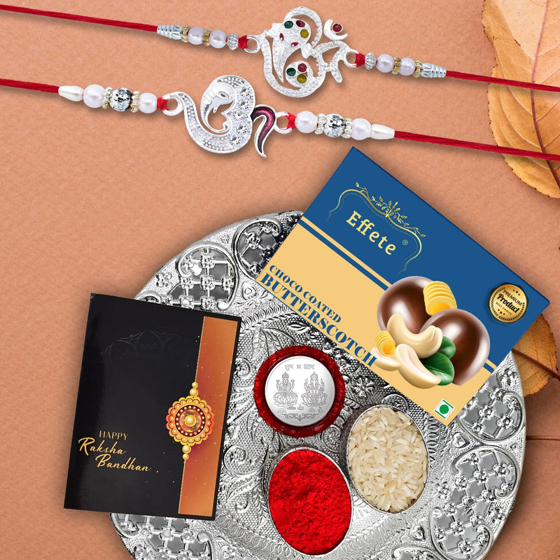 (K2_a8+a13_ds+bs32) Rakhi Combo With Chocolate Butter Scotch 32gm  Silver Pooja Thali Pooja Coin  Greeting Card Rakhi Gift Set  Rakhi Thali  Rakhi For Brother Kids  Rakhi With Plate  Rakhi Hamper For Brother  Rakhi For Brother With