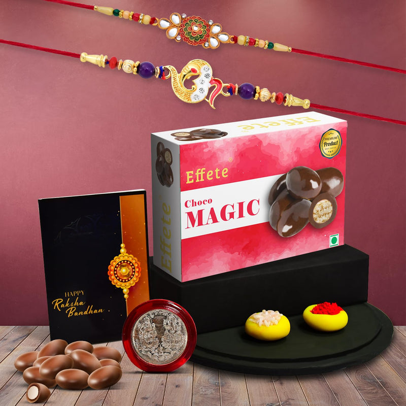 (K2_410+411_cm32) Rakhi Combo With Chocolate Magic 32gm Rakhi For Brother With Gift Chocolate Gift Pack Rakhi With Chocolate Gift Hemper Fancy Rakhis For Men Set Of 2 Rakhi