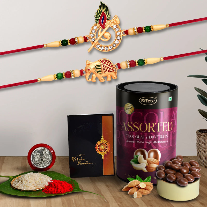 Krishna  Elephant Rakhi Set With Assorted Chocolate Dry Fruits Coin Roli-chawal  Card  Raksha Bandhan Gift