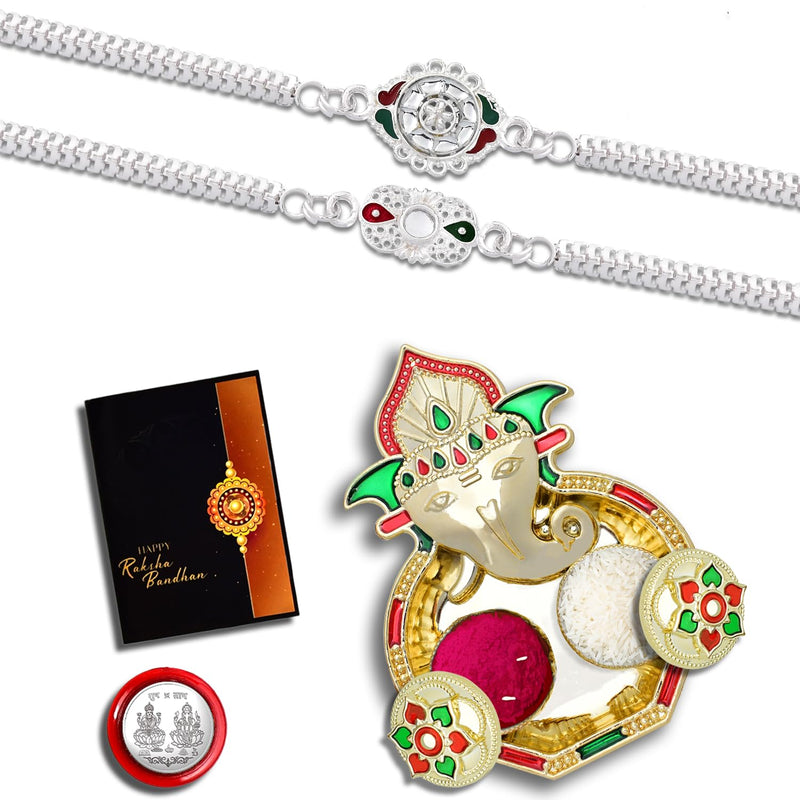 Rakhi Combo (K2_c15+c16_aa3) With Pooja Coin Shri Ganesh Pooja Thali  Tilak Set  Greeting Card Rakhi Thali Set  Rakhi With Plate  Bhaiya Bhabhi Rakhi Set  Rakhi Hamper  Handmade Rakhi  Rakhi For Brother And Bhabhi  Rakhi For Brother Kids