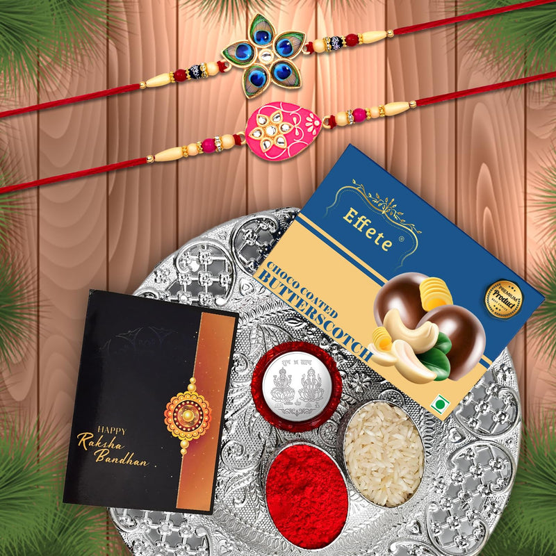 Rakhi Combo (K2_263+266_ds+bs32) Chocolate Butter Scotch 32gm  Silver Pooja Thali With Pooja Coin  Greeting Card Rakhi Thali Rakhi Gift Set Rakhi With Plate Rakhi Thali Set Rakhi Hamper For Brother Rakhi With Chocolate Rakhi For Br