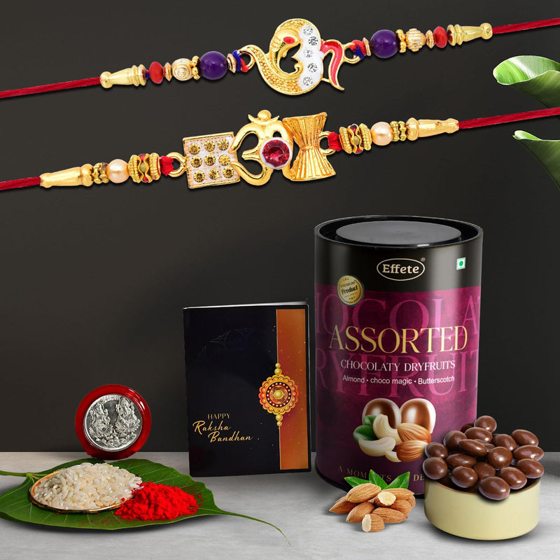 Beautiful Rakhi For Brother  Om Rakhi  Peacock Rakhi  Set Of 2 With Choco Magic Pooja Coin (K1_510_as)
