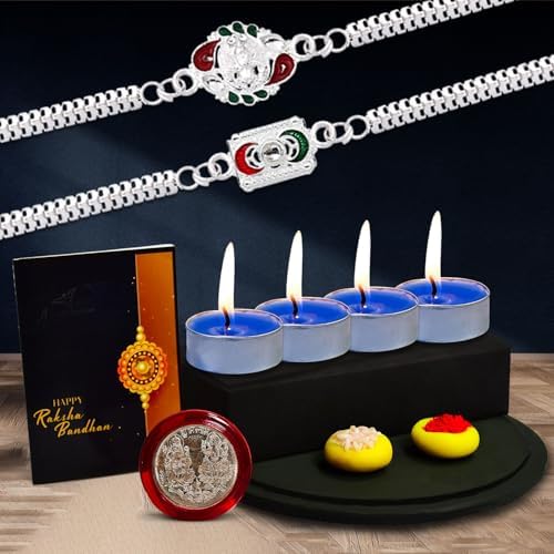 Rakhi For Brother Set Of 2 With Candles Silver Coin  Greeting Card Rakhi For Brother And Bhabhi Rakhi With Gift For Brother Rakhi For Kids Rakhi Set Rakhi Combo (K2_a21+a32_12958)