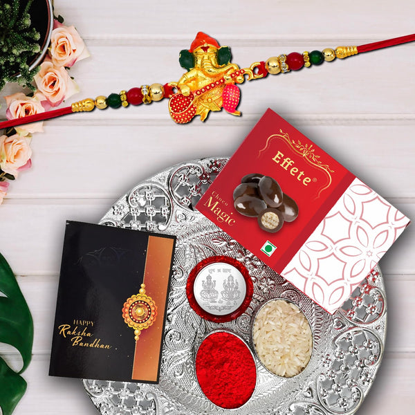 Rakhi For Brother With Colorful Beads  Rakhi For Bhai With Chocolate Magic 32gm  Pooja Thali With Pooja Coin  Greeting Card (K1_511_ds+em32)