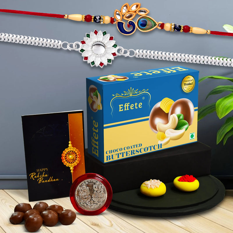 Premium Rakhi Gift Combo For Brother  2 Designer Rakhis With Butterscotch Chocolate Coin Tilak  Greeting Card