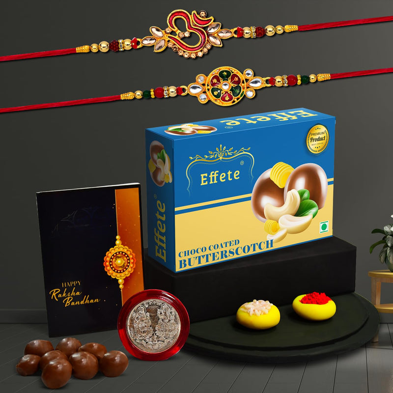 (K2_551+552_bs32) Rakhi Combo With Chocolate Butter Scotch 32gm Pooja Coin  Greeting Card Rakhi Gift Hamper Stylish Rakhi For Brother Rakhi  Chocolate For Brother Rakhi Brother Rakhi With Gift Handmade Rakhi Rakhi Set Of 2