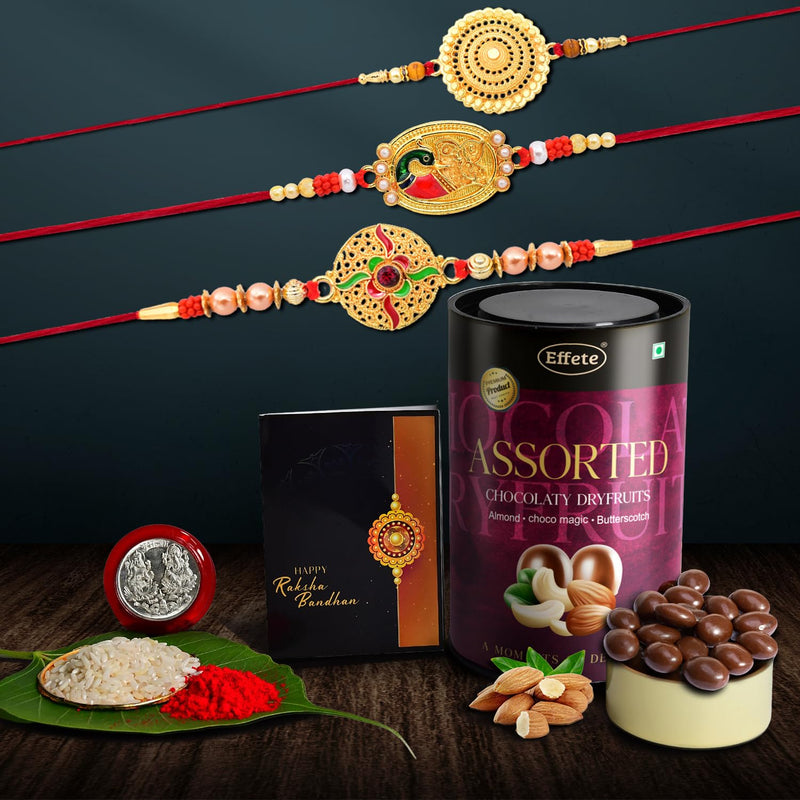 (K3_362+401+402_as) Rakhi Combo With Assorted Chocolate Dryfruits 96gm Rakhi For Brother With Gift  Fancy Rakhis For Men Stylish Rakhi Combo For Brother  Set Of 3 Rakhi  Chocolate