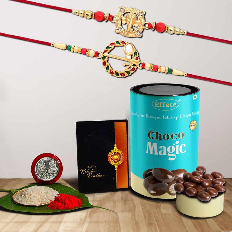 (K2_560+908_cm) Rakhi Combo With Chocolate Magic  Rakhi For Brother With Gift  Chocolate Gift Pack Rakhi With Chocolate Gift Hemper  Fancy Rakhi For Men  Set Of 2